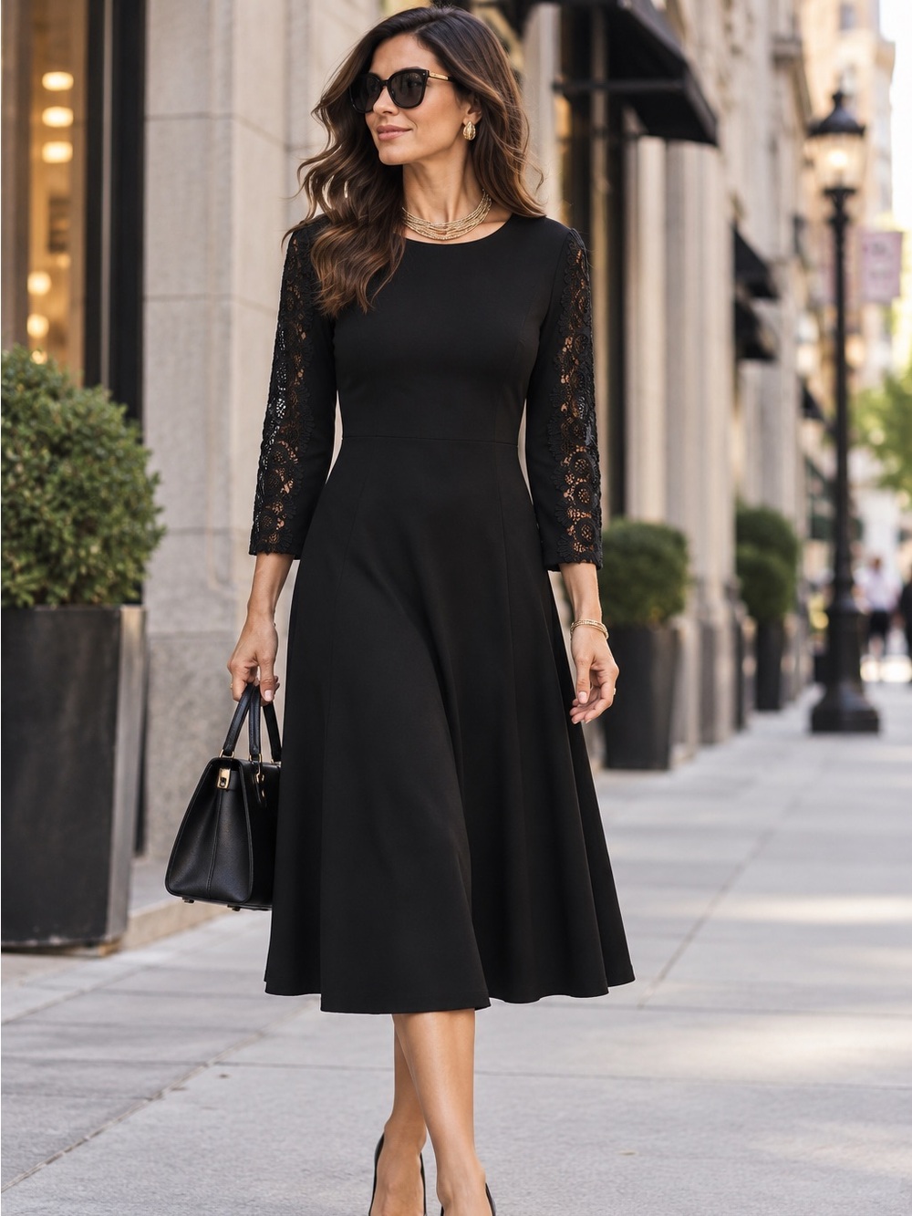 TALBOTS CLASSICS Women's Black Fit & Flare 3/4 Lace Sleeve Dress 10 NEW